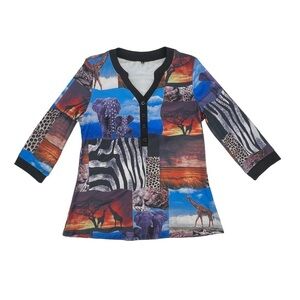 Multi Colored Safari Print 3/4 Sleeve V-Neck Blouse Size Medium Women’s